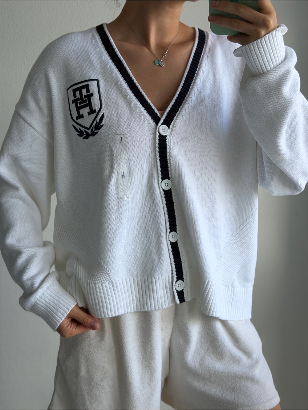 Tommy Hilfiger White V-Neck Button Cardigan with Contrast Trim
